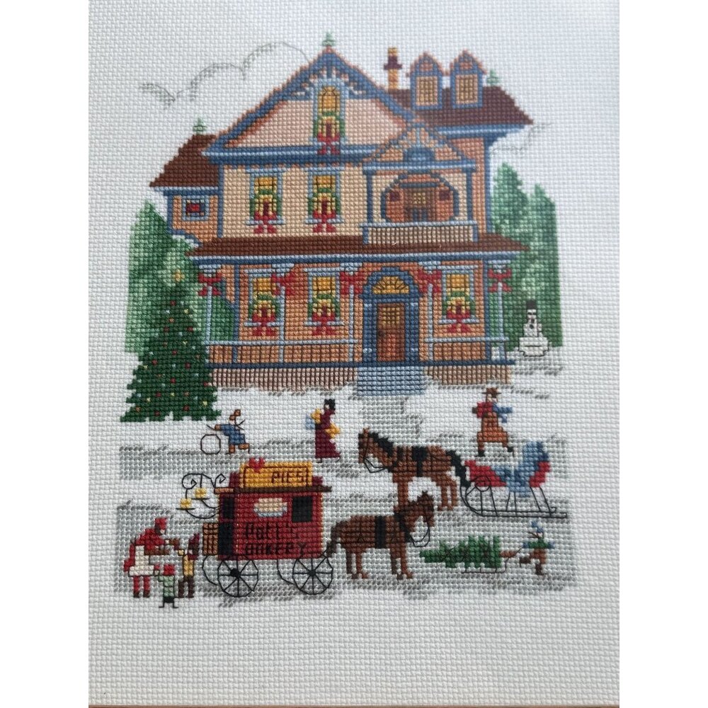Framed Winter Village Scene Cross Stitch Sleighs Bakery Wagon Holiday Decor cott